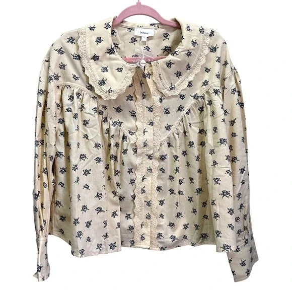Bohme Wallace Cream Floral Blouse Cottagecore Peter Pan Collar Linen Blend M NWT - Picture 2 of 8